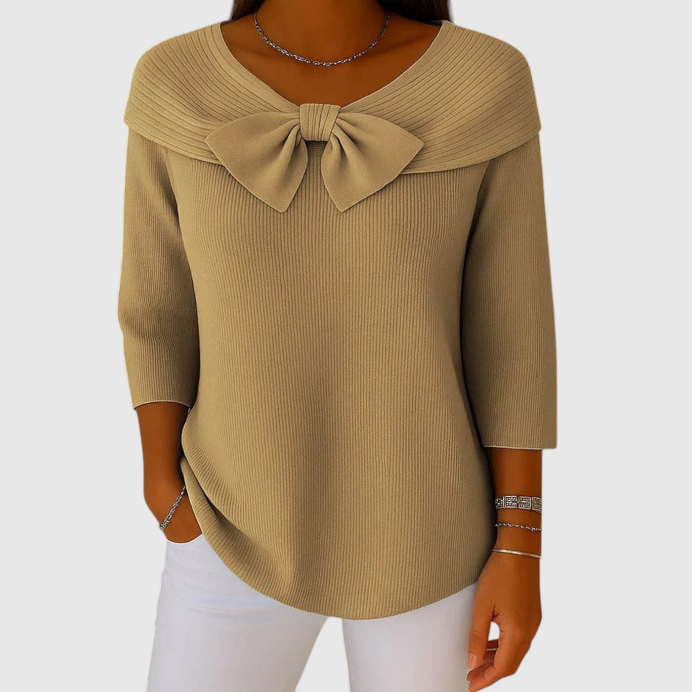 Серенна – Дамски пуловер с панделка и кръгло деколте
