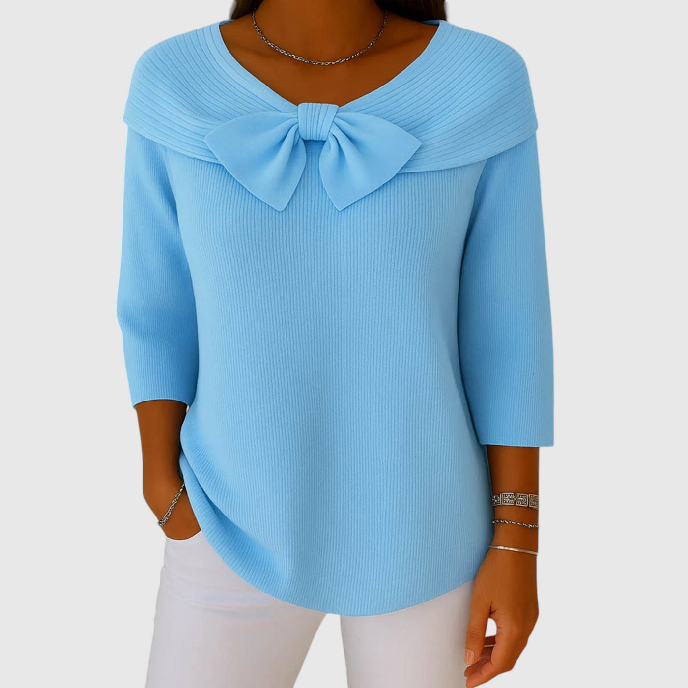 Серенна – Дамски пуловер с панделка и кръгло деколте