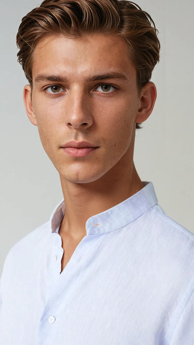 Ленена риза с бандов яка светло синя