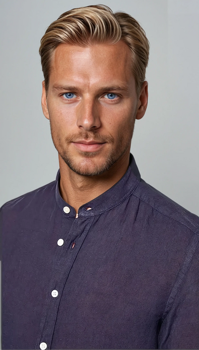 Ленена риза с бандов яка в морско синьо