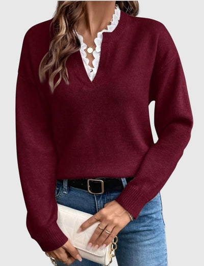 Каролина – Премиум пуловер с Дантела на V-образно деколте